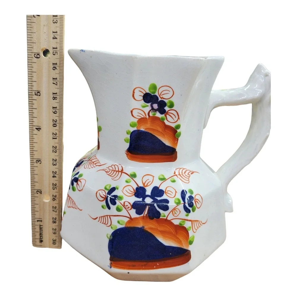 Antique Pitcher Jug Octagon Shape Cobalt Blue Orange Green Ceramic Floral 8 Side